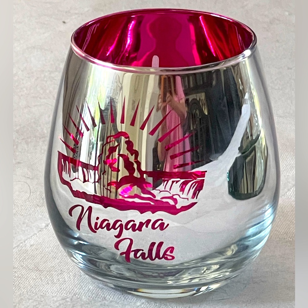 Niagara Falls Souvenir Mirror & PINK STEMLESS WINE Glass Niagara Falls Landmark